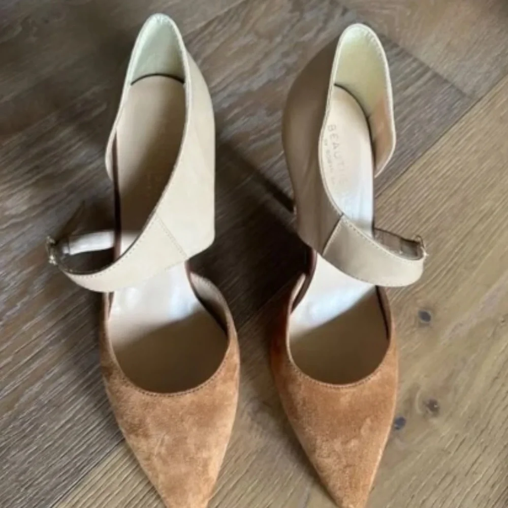 BEAUTIISOLES Sara Pointed Toe Pump Cognac Leather Suede Italy 9.5 NEW